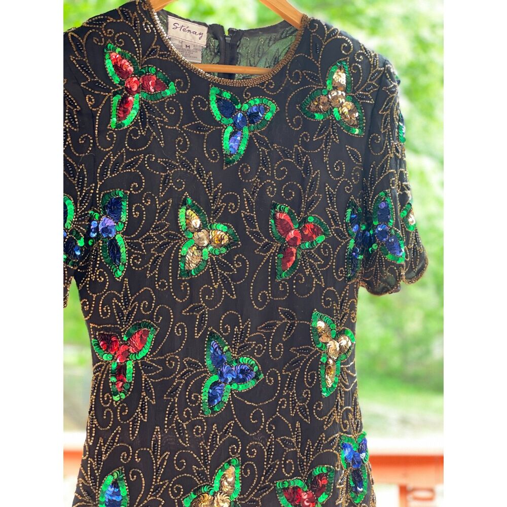 Beaded Silk Top – Black Sequin Floral Blouse – Elegant Evening Party Top – M 80s